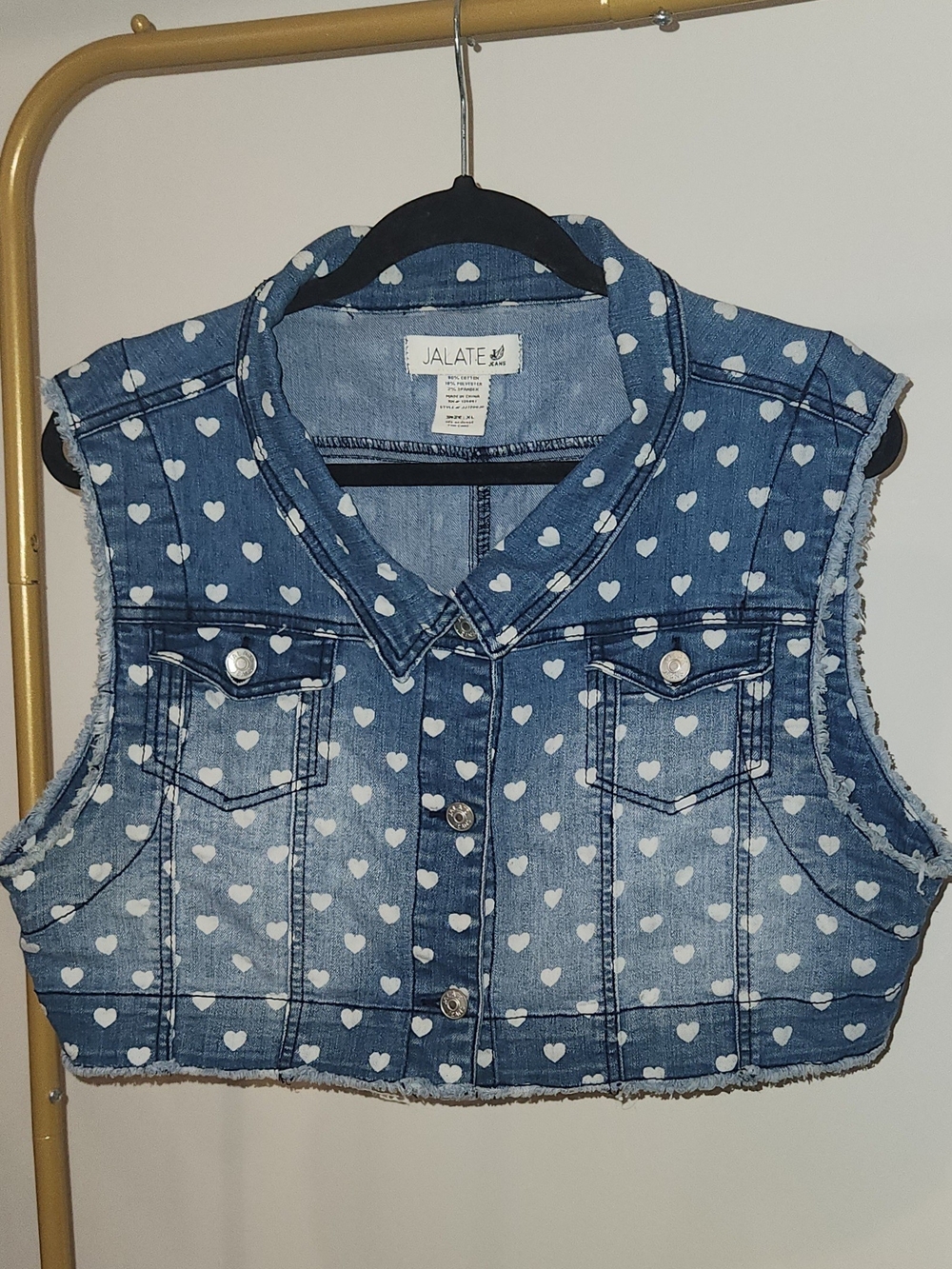 JALATE Women's Blue Heart-Print Cropped Denim Vest